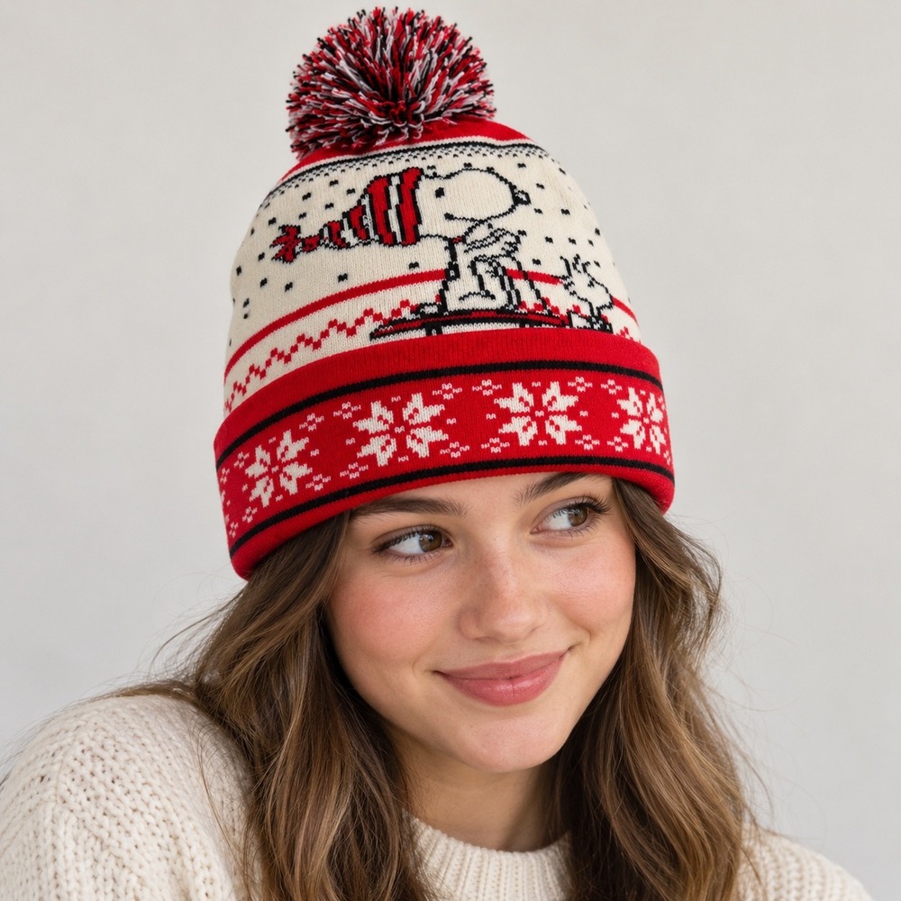 Peanuts Snoopy Woodstock Holiday Pom Beanie Red Fair Isle Snowflake Winter Hat